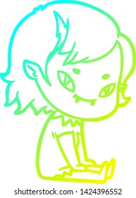 cold gradient line drawing of a cartoon friendly vampire girl sat down