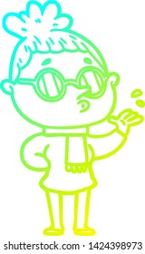 cold gradient line drawing of a cartoon woman wearing glasses