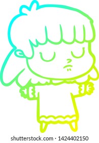 cold gradient line drawing of a cartoon indifferent woman