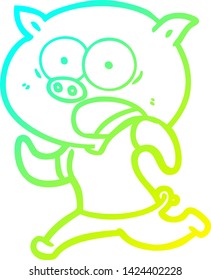 cold gradient line drawing of a cartoon pig running away