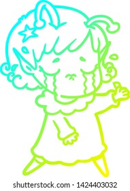cold gradient line drawing of a cartoon crying alien girl