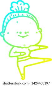 cold gradient line drawing of a cartoon happy old woman