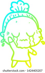 cold gradient line drawing of a cartoon crying old lady