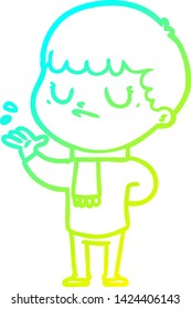 cold gradient line drawing of a cartoon grumpy boy