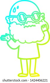 kalte Farbverlauf-Linie Zeichnung eines Cartoons besorgten Mann mit Bart und Sonnenbrille