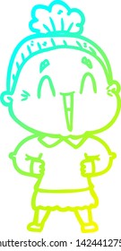 cold gradient line drawing of a cartoon happy old lady