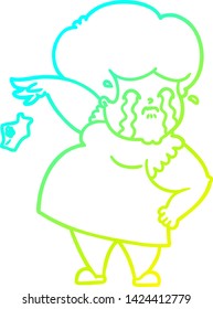 dibujo en línea de gradiente frío de una mujer llorando caricatura lanzando pañuelo