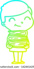 cold gradient line drawing of a cartoon boy with books smiling