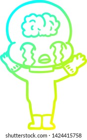 dibujo de línea de gradiente frío de una caricatura de un gran alien del cerebro llorando