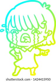dibujo en línea de gradiente frío de una niña de dibujos animados llorando
