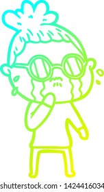 cold gradient line drawing of a cartoon crying woman wearing spectacles