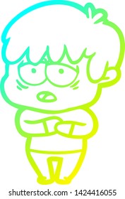 cold gradient line drawing of a cartoon exhausted boy