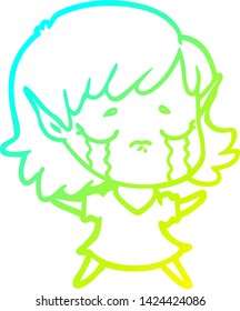 cold gradient line drawing of a cartoon crying elf girl