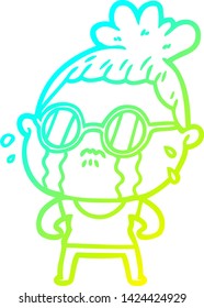 cold gradient line drawing of a cartoon crying woman wearing sunglasses