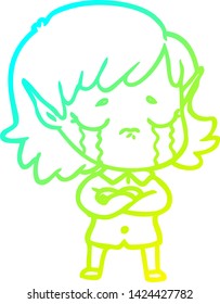 cold gradient line drawing of a cartoon crying elf girl
