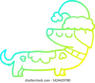 cold gradient line drawing of a cartoon dog wearing christmas hat