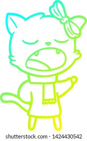cold gradient line drawing of a cartoon cat in winter clothes