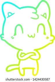 cold gradient line drawing of a cartoon happy cat
