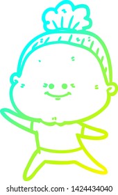 cold gradient line drawing of a cartoon happy old woman