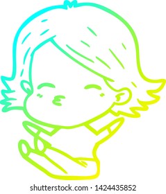 cold gradient line drawing of a cartoon woman sitting