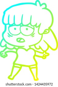 dibujo de línea de gradiente frío de una mujer cansada de la caricatura
