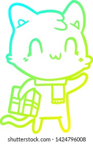 dibujo de una línea de degradado frío de un gato feliz con dibujos animados usando bufanda