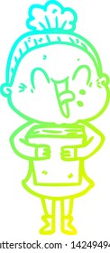 cold gradient line drawing of a cartoon happy old woman