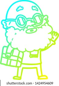 cold gradient line drawing of a cartoon curious man with beard sunglasses and present