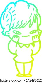 cold gradient line drawing of a cartoon happy woman