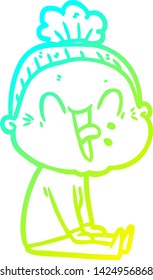 cold gradient line drawing of a cartoon happy old woman