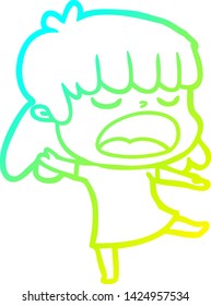 cold gradient line drawing of a cartoon woman talking loudly