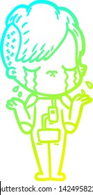 dibujo en línea de gradiente frío de una chica llorando con ropa espacial