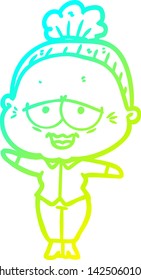 cold gradient line drawing of a cartoon happy old lady