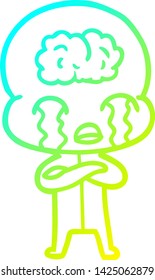 dibujo de línea de gradiente frío de una caricatura de un gran alien del cerebro llorando