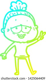 cold gradient line drawing of a cartoon happy old lady
