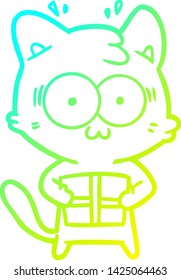 cold gradient line drawing of a cartoon surprised cat with christmas present
