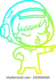 cold gradient line drawing of a cartoon pretty astronaut girl pointing