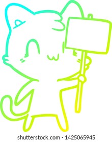 cold gradient line drawing of a cartoon happy cat with blank sign