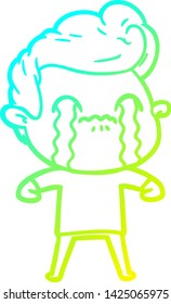 cold gradient line drawing of a cartoon man crying