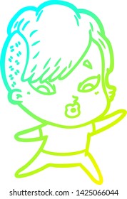 cold gradient line drawing of a cartoon surprised girl pointing