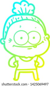 cold gradient line drawing of a cartoon happy old woman