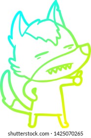 dibujo de línea de gradiente frío de un lobo de dibujos animados mostrando dientes