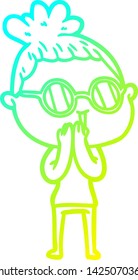cold gradient line drawing of a cartoon woman wearing spectacles