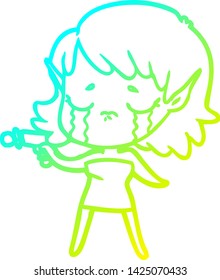 cold gradient line drawing of a cartoon crying elf girl