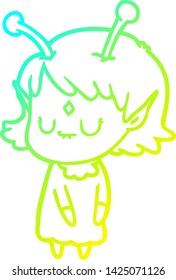 cold gradient line drawing of a cartoon alien girl