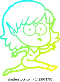 desenho de linha de gradiente frio de uma menina de elfo de desenho animado correndo