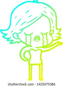 cold gradient line drawing of a cartoon girl crying