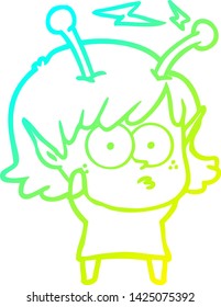 cold gradient line drawing of a cartoon alien girl