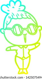 cold gradient line drawing of a cartoon woman wearing spectacles