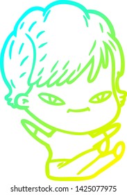 cold gradient line drawing of a cartoon happy woman